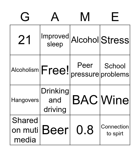 Alcohol Bingo Card