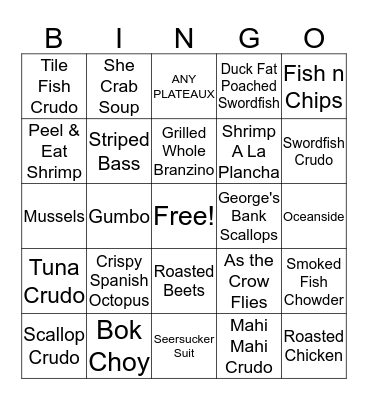 The Optimist DINNER BINGO! Bingo Card