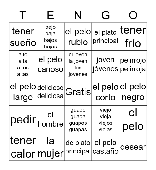 Spanish 1 5B Vocab #1 Bingo Card