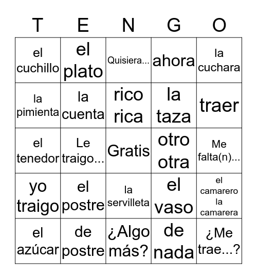 Spanish 1 5B Vocab #2 Bingo Card