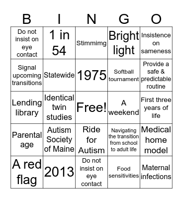Autism Society of Maine Bingo Card