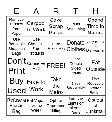 Earth Week 2018 Bingo Card