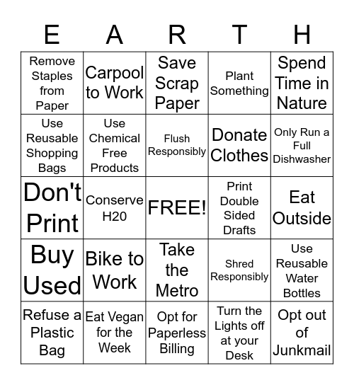 Earth Week 2018 Bingo Card