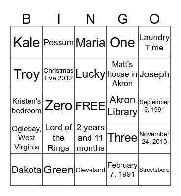Matt and Kristen Bingo Card