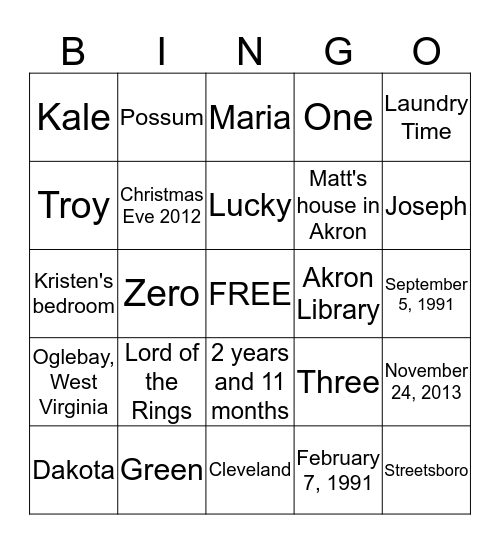 Matt and Kristen Bingo Card