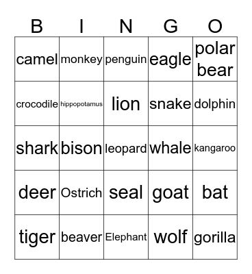 Animals Bingo Card