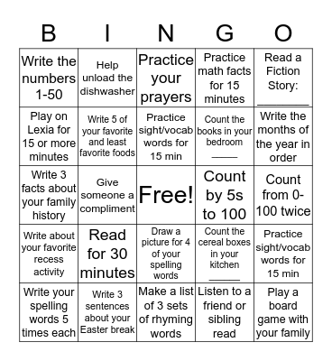 Homework Bingo Card