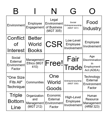 Corporate Social Responsibility Facilitation Bingo Card