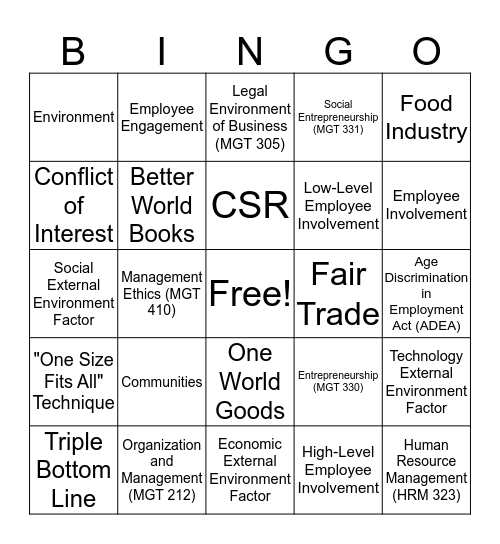 Corporate Social Responsibility Facilitation Bingo Card