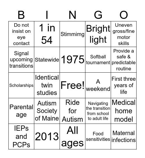 Autism Society of Maine Bingo Card