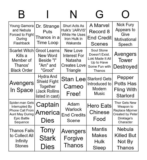 Infinity War BINGO Card