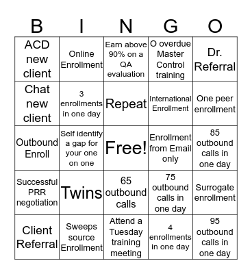New Hire Monthly Bingo Card