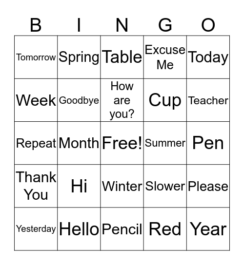 Know Your English Bingo Card