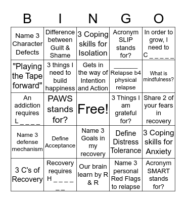 Recovery Bingo Card