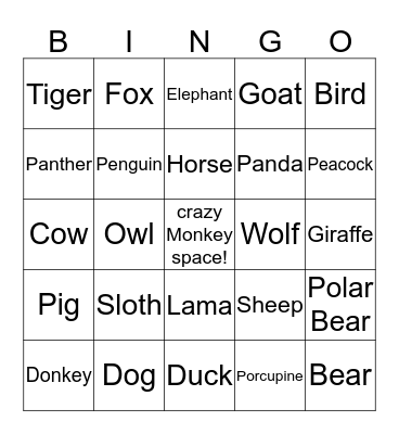 Animal Bingo Card