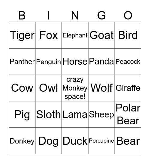 Animal Bingo Card
