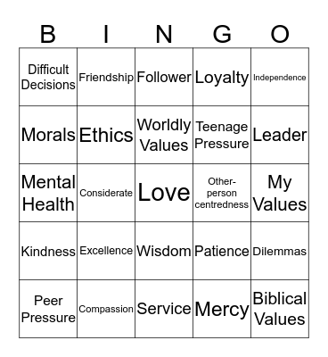 Sticking by my Values Bingo Card