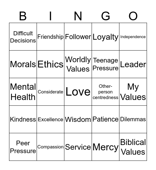 Sticking by my Values Bingo Card