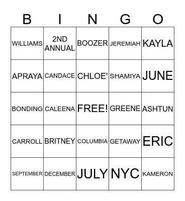 2ND ANNUAL COUSIN'S GETAWAY FUN!!!! Bingo Card