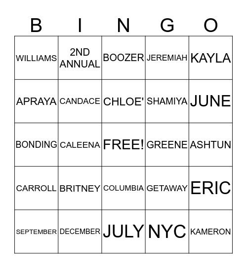 2ND ANNUAL COUSIN'S GETAWAY FUN!!!! Bingo Card