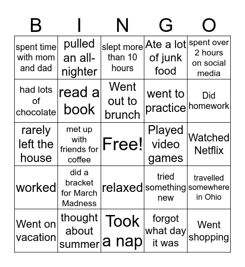 Spring Break Bingo Card