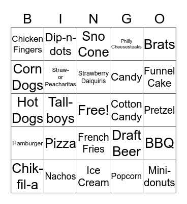Arena Food Bingo Card