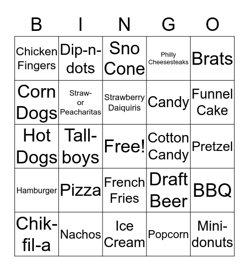 Arena Food Bingo Card