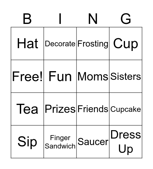 Tea Party Bingo Card