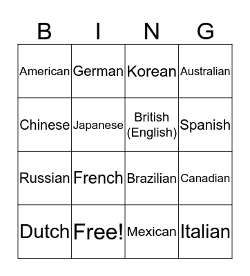 Where are You From?  Bingo Card
