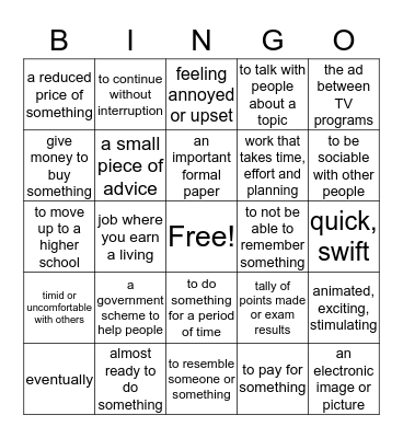 Active Intro, Units 1-3, Vocabulary Review Bingo Card