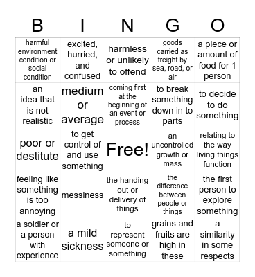 Active Green, Units 7-8, Vocabulary Review Bingo Card