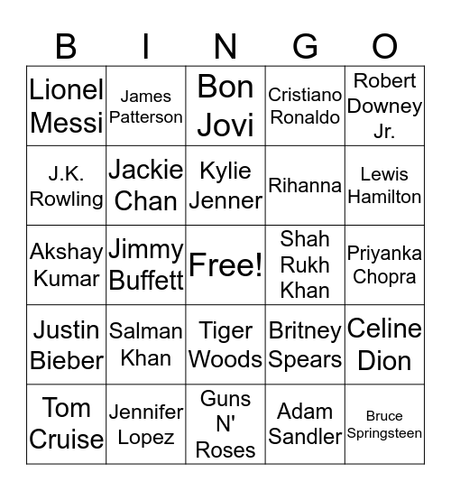 Glamorous World of Celebrities Bingo Card