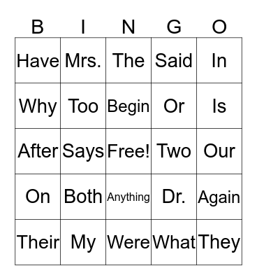 Sight Word Bingo Card