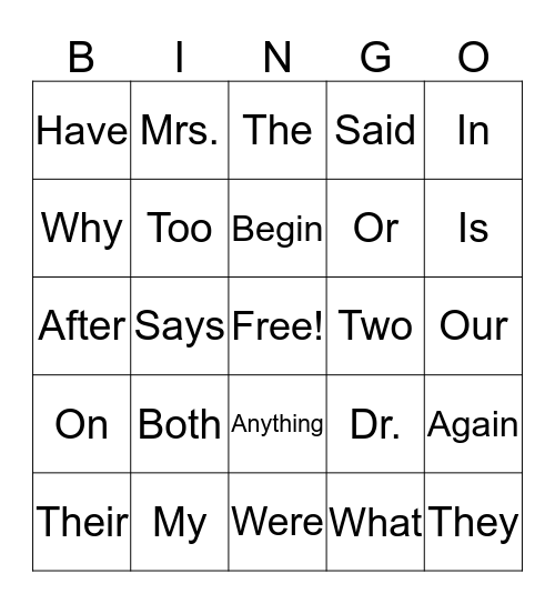 Sight Word Bingo Card