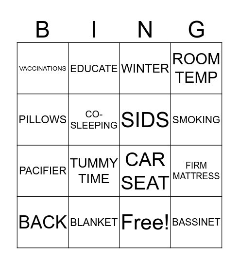 SAFE SLEEP Bingo Card