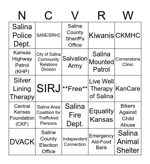 National Crime Victim's Rights Week 2018 Bingo Card