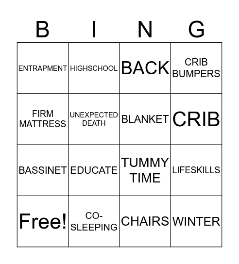 SAFE SLEEP Bingo Card