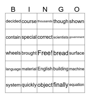 Fry 500 Bingo Card