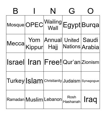 Middle East Bingo Card
