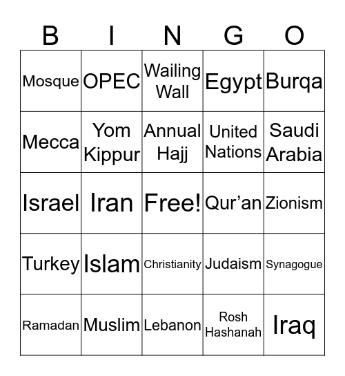 Middle East Bingo Card