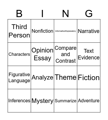 5th Grade ELA Bingo Card