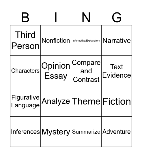 5th Grade ELA Bingo Card