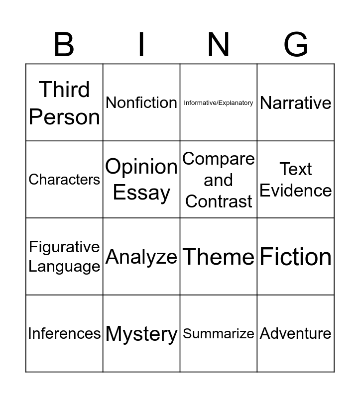 5th Grade ELA Bingo Card