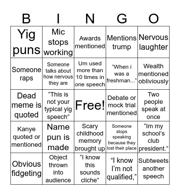 YIG candidate speech Bingo Card