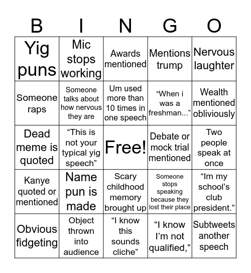 YIG candidate speech Bingo Card