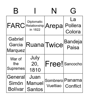 Colombian Bingo Card