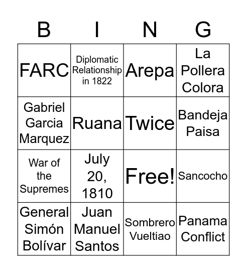 Colombian Bingo Card