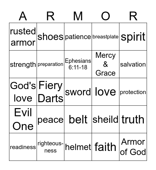 Whole Armor of God Bingo Card