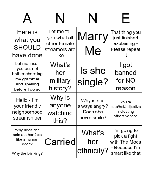 Anne Munition Bingo Card
