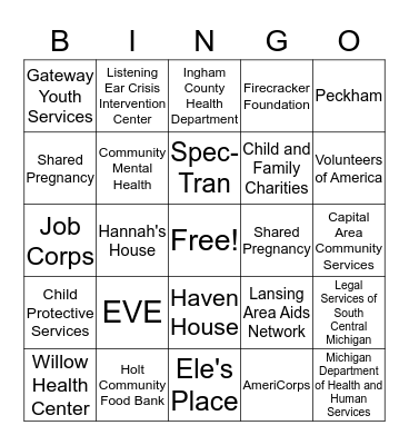 Community Resources Bingo Card